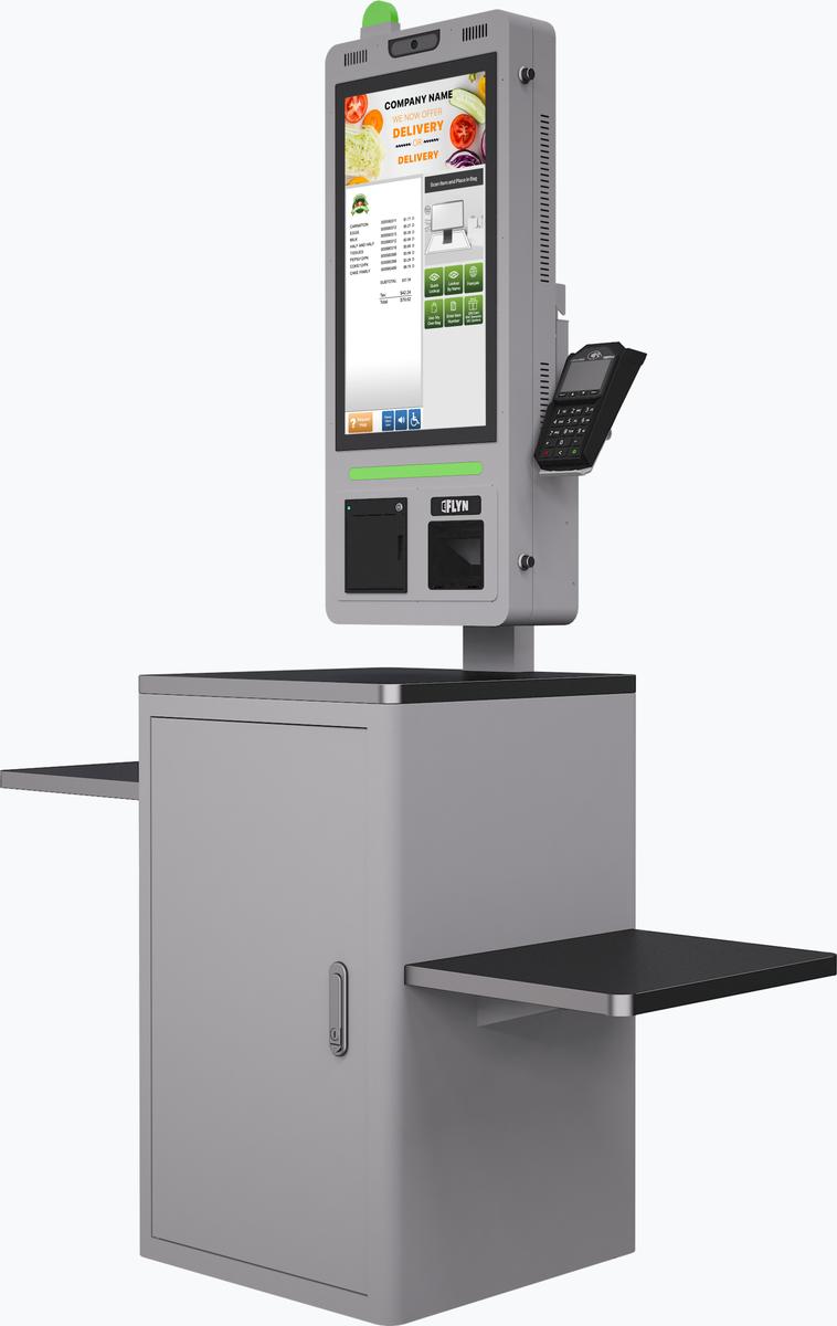 21.5" Self Ordering Kiosk Flex counter with stainless steel Mockup 2