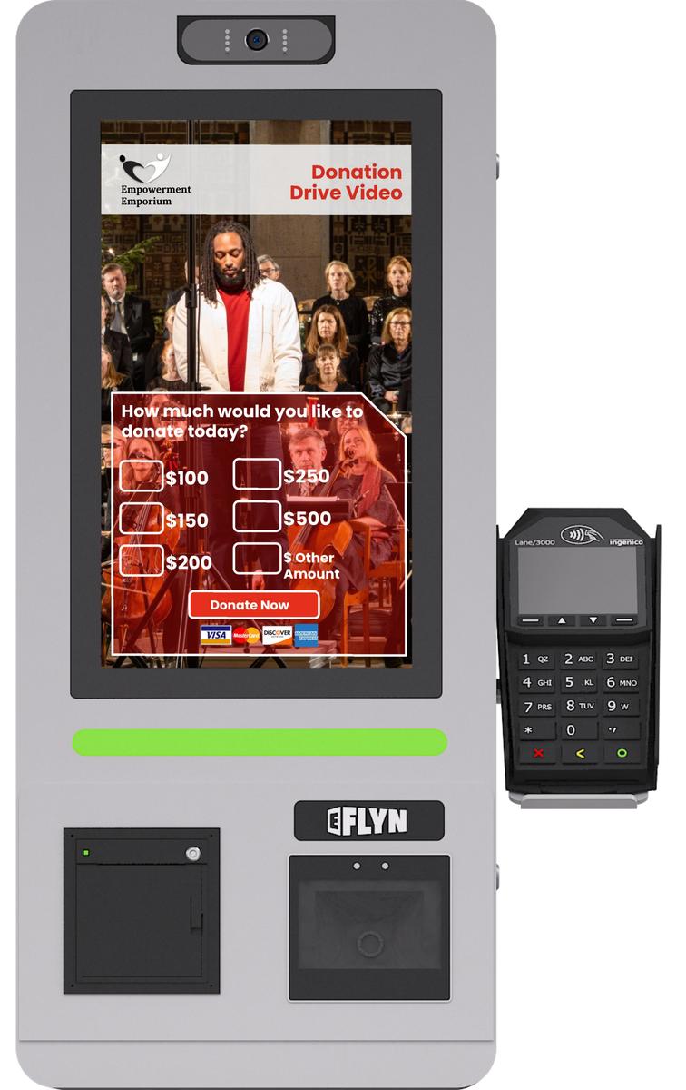 15.6" Flex QSR DONATION SHOPIFY FUNDRAISING with alert – wallmount front