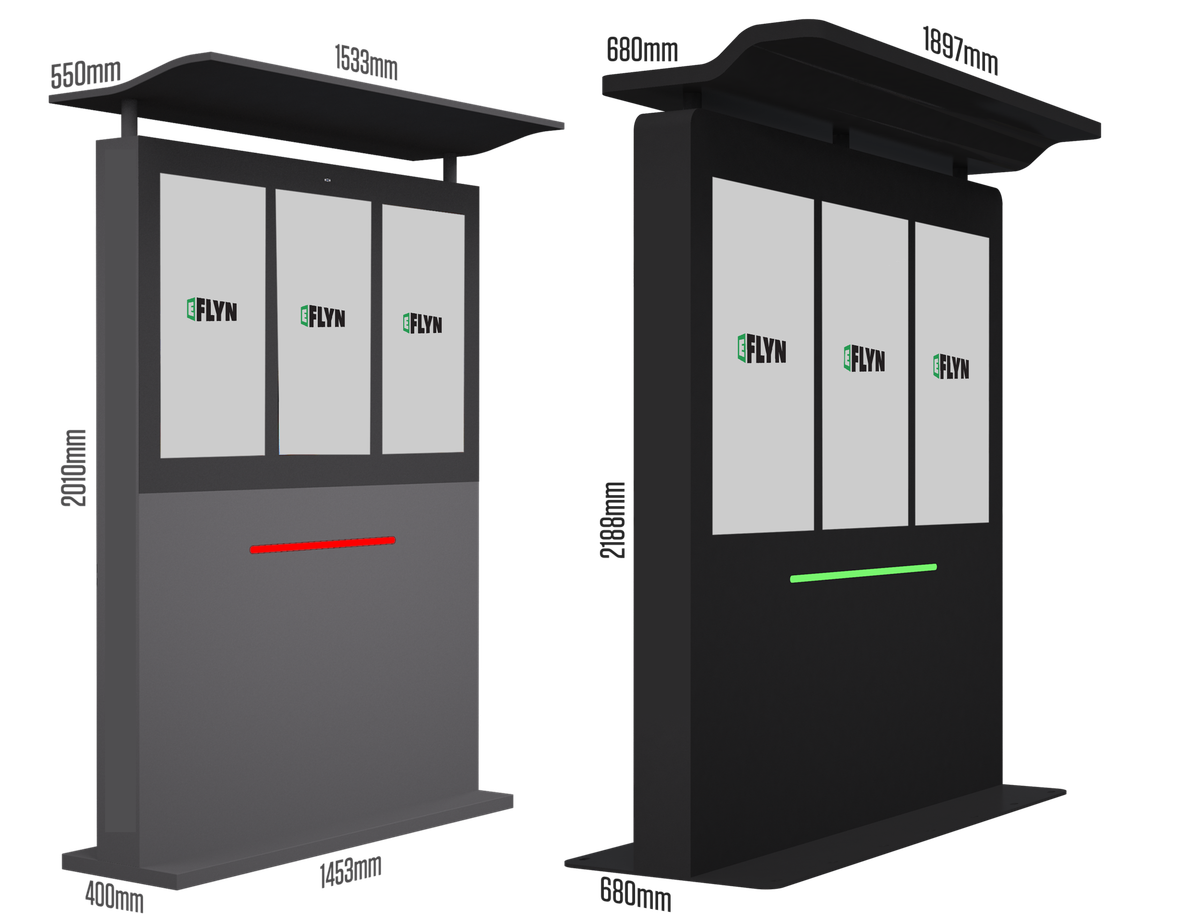 Outdoor Drive Thru Digital Kiosks 32" and 49" D3 Series (Three Screens Side By Side) Mockup